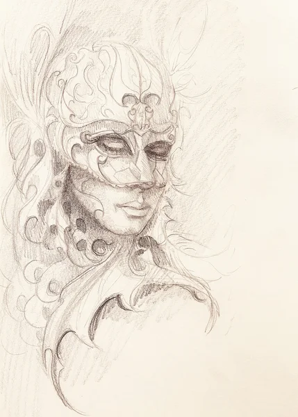 Frau und dekorative Maske. Bleistiftzeichnung auf Papier. — Stockfoto