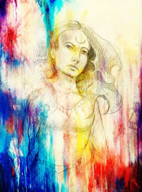 mistik kadın. kağıt üzerine kalem çizim, Renk etkisi.