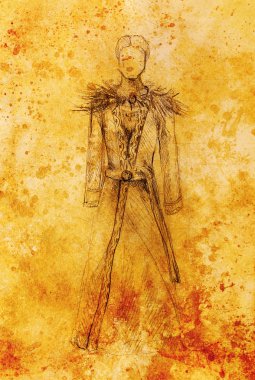 Man drawing in ornamental dress, pencil sketch on paper, sepia and vintage effect.