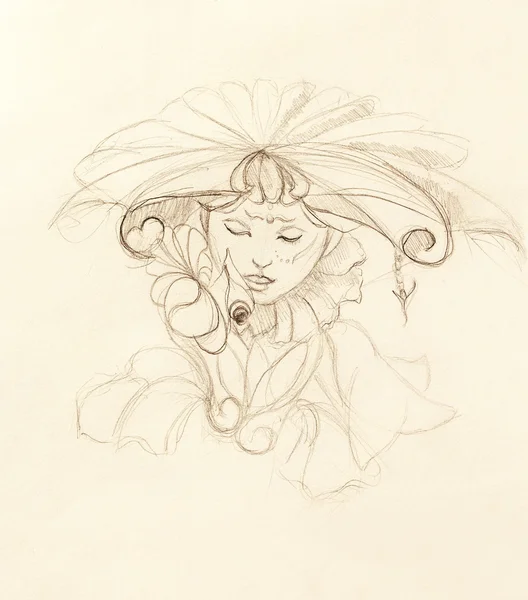 Femme mystique avec des fleurs. dessin au crayon sur papier . — Photo