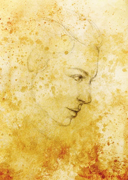 Kunst Zeichnung schöne Mädchen Gesicht und Sepia Hintergrund. — Stockfoto