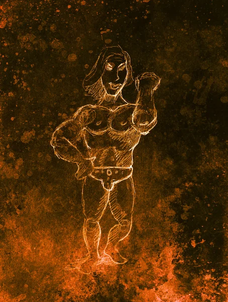 Lustiger Bodybuilder, Bleistiftskizze auf Papier, Sepia- und Vintage-Effekt. — Stockfoto