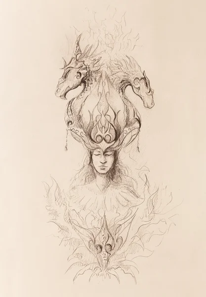 Hombre en fuego místico y dragones ornamentales, boceto a lápiz sobre papel . — Foto de Stock