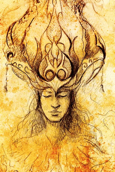 Man and ornamental crown, pencil sketch on paper, sepia and vintage effect. — Stock Photo, Image