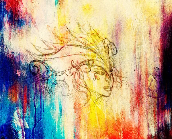 神秘的な女性の顔とヘッドバンド。紙に鉛筆を描く, カラー効果. — ストック写真