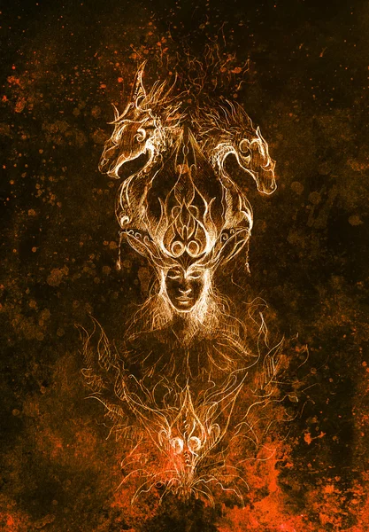 Mistik yangın ve süs ejderhaadam, kağıt üzerinde kalem kroki, vintage etkisi.