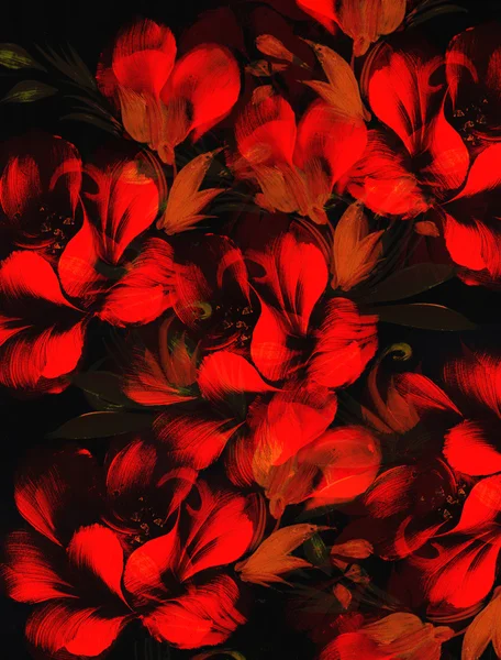 Fiore rosso su sfondo nero. Pittura e collage di computer. — Foto Stock