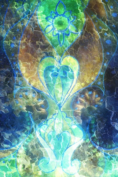 Aquarela ornamental na pintura de seda e colagem de computador. Efeito de cor . — Fotografia de Stock