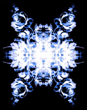 Süslü çiçek mandala. Gül kolajı. Siyah arkaplanda mavi çiçek.