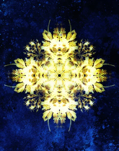 Zierblumen-Mandala. Rosenblütencollage. goldene und blaue Farbe. — Stockfoto