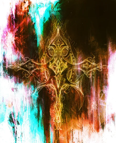 Ornamental Cross Drawing. Original hand draw and computer collage. Color structure. — 图库照片