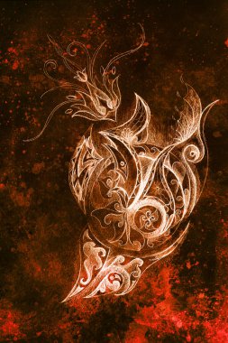 Süs çizim. Özgün el çizmek ve bilgisayar kolaj. Renk yapısı.