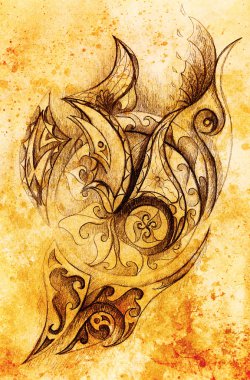 Süs çizim. Özgün el çizmek ve bilgisayar kolaj. Renk yapısı.