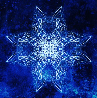 Süslü mandala. Orijinal el çizimi ve bilgisayar kolajı. Mavi renkli yapı. Kış etkisi.
