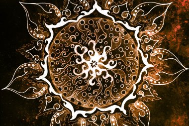 Süslü mandala. Orijinal el çizimi ve bilgisayar kolajı. Renk efekti.