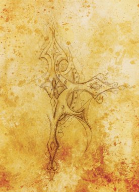 Ornamental Cross Drawing. Original hand draw and computer collage. Color structure.