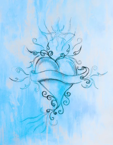 Сердце и лента с орнаментом, оригинальный рисунок, карандашный набросок на бумаге. Цветной эффект. — стоковое фото
