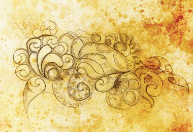 Süs çizim. Özgün el çizmek ve bilgisayar kolaj. Renk yapısı.