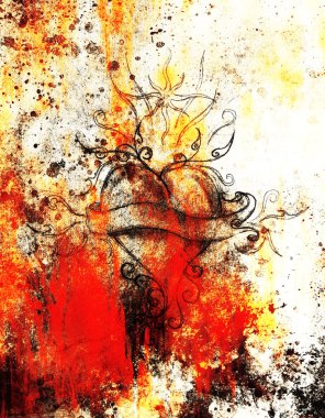 Kalp ve kurdele, süs eşyası, orijinal çizim, kağıt üzerine kalem çizimi. Renk efekti.