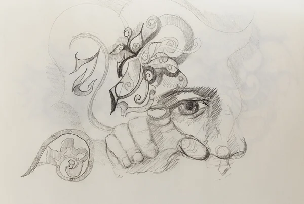 남자 눈, 코, 그리고 손 콜라주, 종이에 연필 스케치. — 스톡 사진