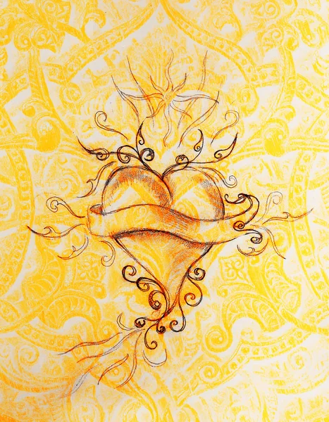Herz und Band mit Ornament, Originalzeichnung, Bleistiftskizze auf Papier. Farbeffekt. — Stockfoto