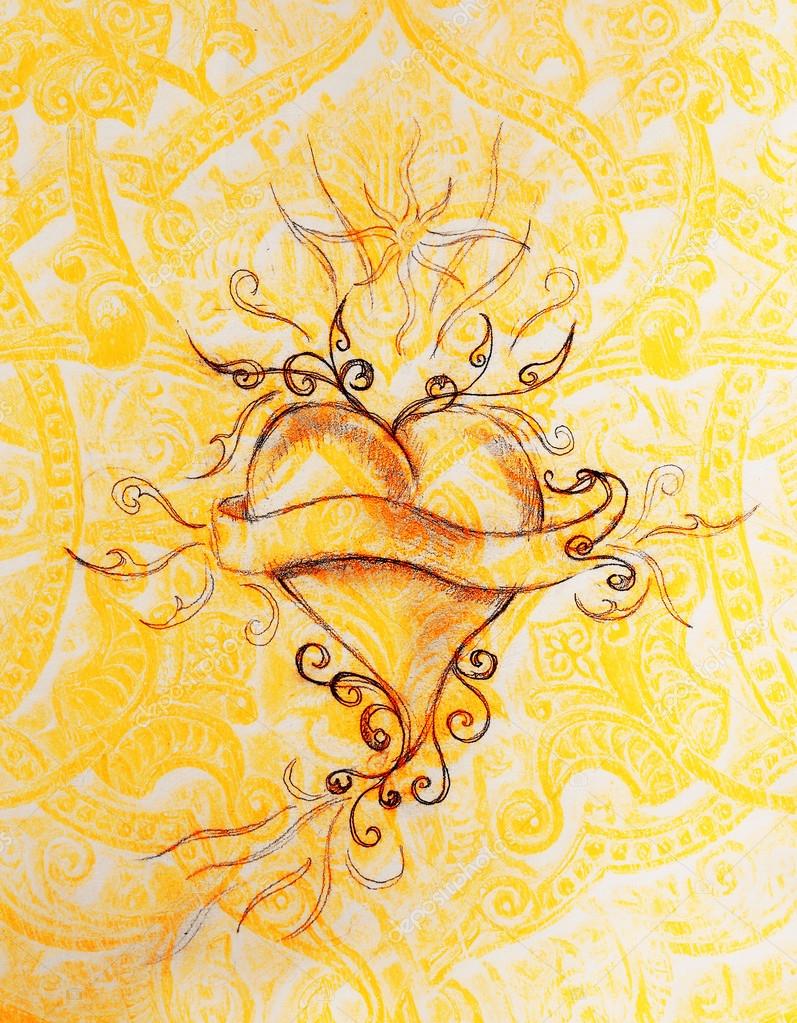 Cuore e nastro con ornamento originale disegno schizzo su carta Cuore e nastro con ornamento originale disegno schizzo su carta a matita Effetto colore — Foto di JozefKlopacka