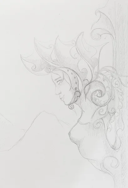 Mystické žena bohyně sloupu socha s krásný ornament. Původní ruční kreslení. — Stock fotografie
