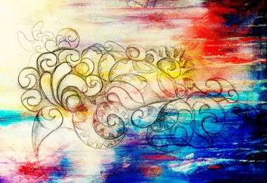 Süs çizim. Özgün el çizmek ve bilgisayar kolaj. Renk yapısı.