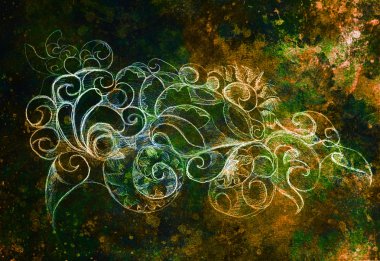 Süs çizim. Özgün el çizmek ve bilgisayar kolaj. Renk yapısı.