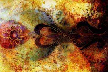 İpek boyama ve bilgisayar kolaj üzerine süs suluboya. Eski etkisi.