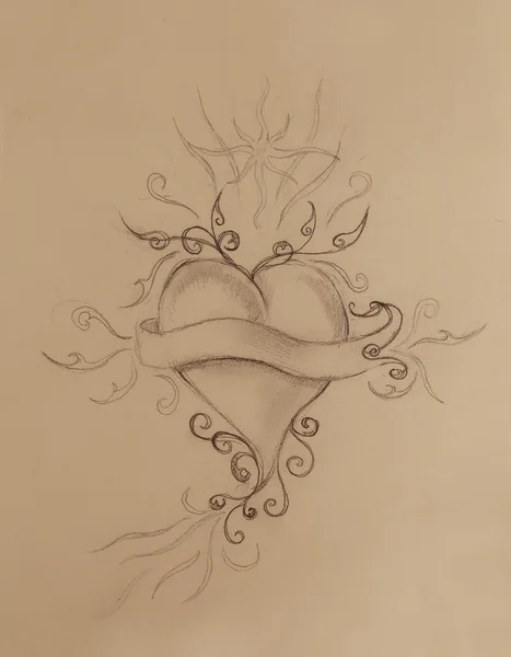 Herz und Band mit Ornament, Originalzeichnung, Bleistiftskizze auf Papier. — Stockfoto
