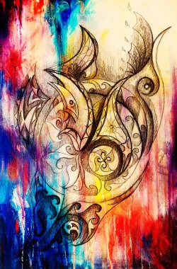 Süs çizim. Özgün el çizmek ve bilgisayar kolaj. Renk yapısı.