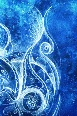 Donmuş kış zamanı hissi, sarmal ve soyut doğrusal yapı desenli süslemeli filigran çizimi Renk etkisi ve Bilgisayar kolajı.