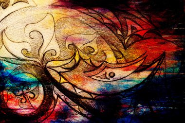 Süs çizim. Özgün el çizmek ve bilgisayar kolaj. Renk yapısı.