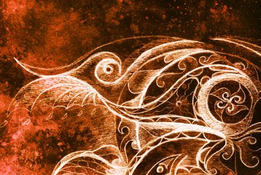 Süs çizim. Özgün el çizmek ve bilgisayar kolaj. Renk yapısı.