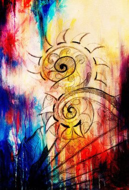 Süs çizim. Özgün el çizmek ve bilgisayar kolaj. Renk yapısı.