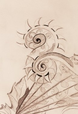 Süs çizim. Özgün el çizmek ve bilgisayar kolaj. Renk yapısı.