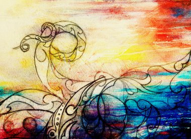 Süs çizim. Özgün el çizmek ve bilgisayar kolaj. Renk yapısı.