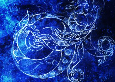 Donmuş kış zamanı hissi, sarmal ve soyut doğrusal yapı desenli süslemeli filigran çizimi Renk etkisi ve Bilgisayar kolajı.