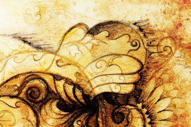 süs filigran spiraller, çiçek yaprakları ve alev yapısı desen, renk efekti ve bilgisayar kolaj kağıt üzerine çizim.