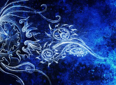 süs filigran spiraller, çiçek yaprakları ve alev yapısı desen, renk efekti ve bilgisayar kolaj kağıt üzerine çizim.