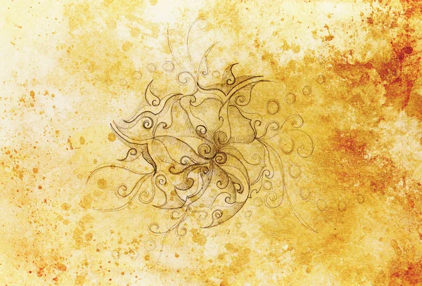 Ornamentale Filigran-Zeichnung auf Papier mit Spiralen, Blütenblättern und Flammenstrukturmuster, Farbeffekt und Computercollage. — Stockfoto