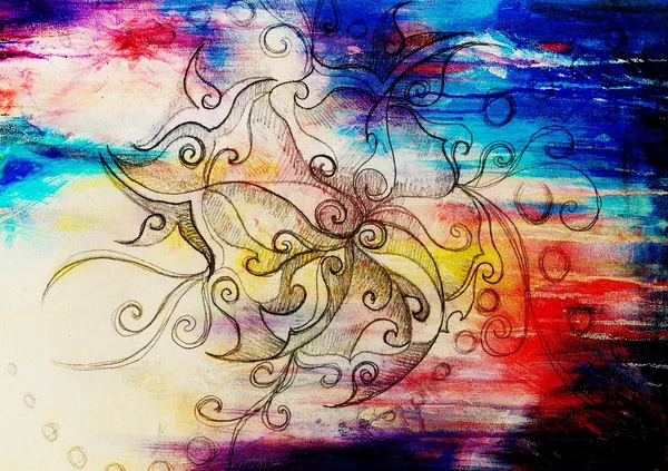 Ornamental filigran drawing on paper with spirals, flower petals and flame structure pattern, Color effect and Computer collage. — Stock Photo, Image