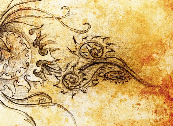 Disegno a filigrana ornamentale su carta con spirali, petali di fiori e motivo a struttura di fiamma, effetto colore e collage per computer . — Foto Stock