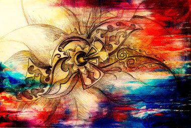 Süs çiçek yapısını çizim rengi. Özgün elle çizilmiş ve bilgisayar kolaj. Renk yapısı.