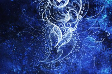 donmuş kış zaman feelingt, sarmal ve soyut doğrusal yapı desen renk efekti ve bilgisayar kolaj ile süs filigran çiçek Çizim.