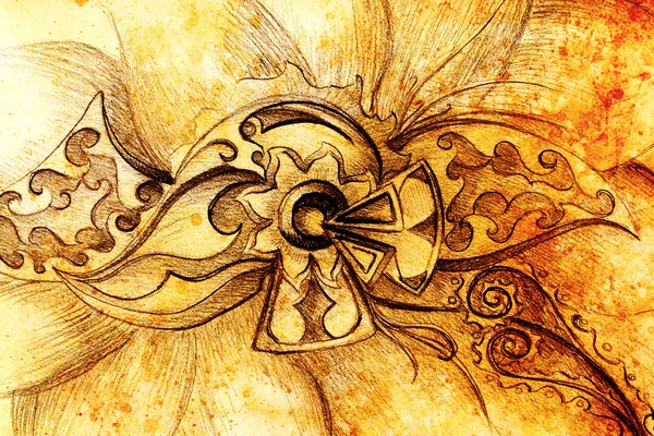観賞用の花の構造の描画色。オリジナル手描きとコンピューターのコラージュ。Color 構造体. — ストック写真