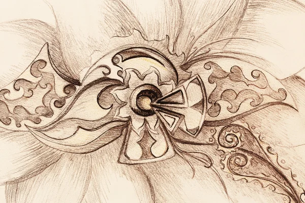 Farbzeichnung der ornamentalen Blütenstruktur. Originalhand auf Papier gezeichnet. — Stockfoto