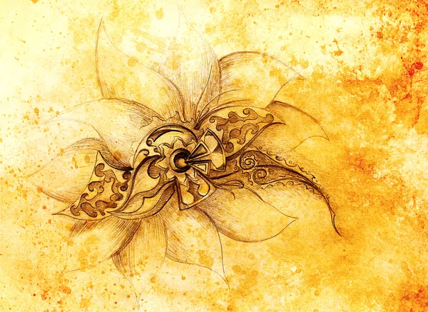 Színes rajz szerkezet Dísznövény virág. Eredeti kézzel rajzolt és számítógépes kollázs. Színes szerkezete. — Stock Fotó