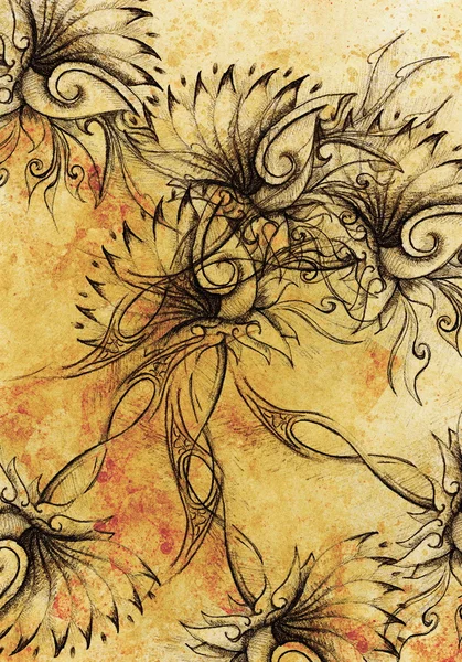 Színes rajz szerkezet Dísznövény virág. Eredeti kézzel rajzolt és számítógépes kollázs. Színes szerkezete. — Stock Fotó